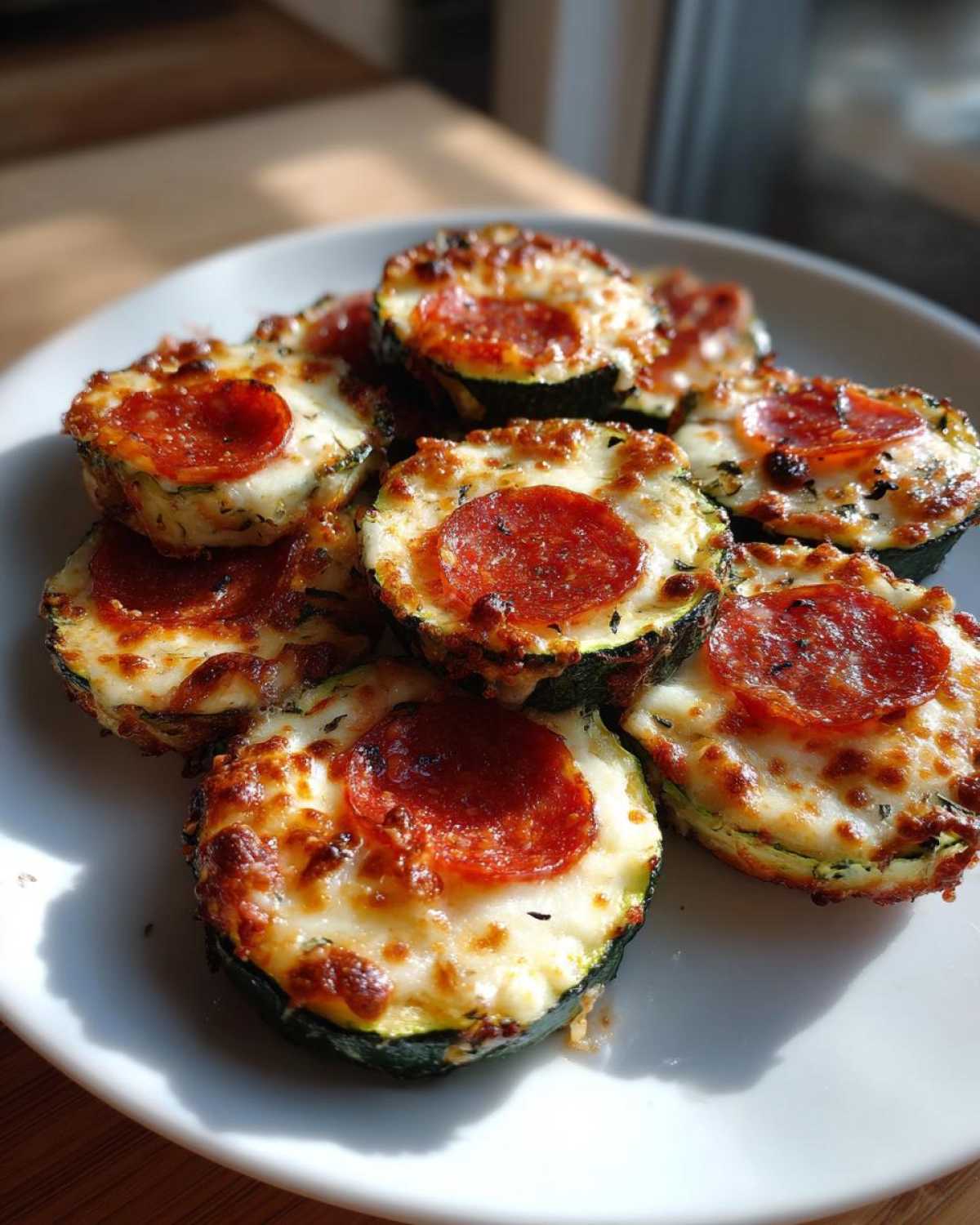 A white plate holds several baked zucchini pizza bites topped with melted cheese and pepperoni.