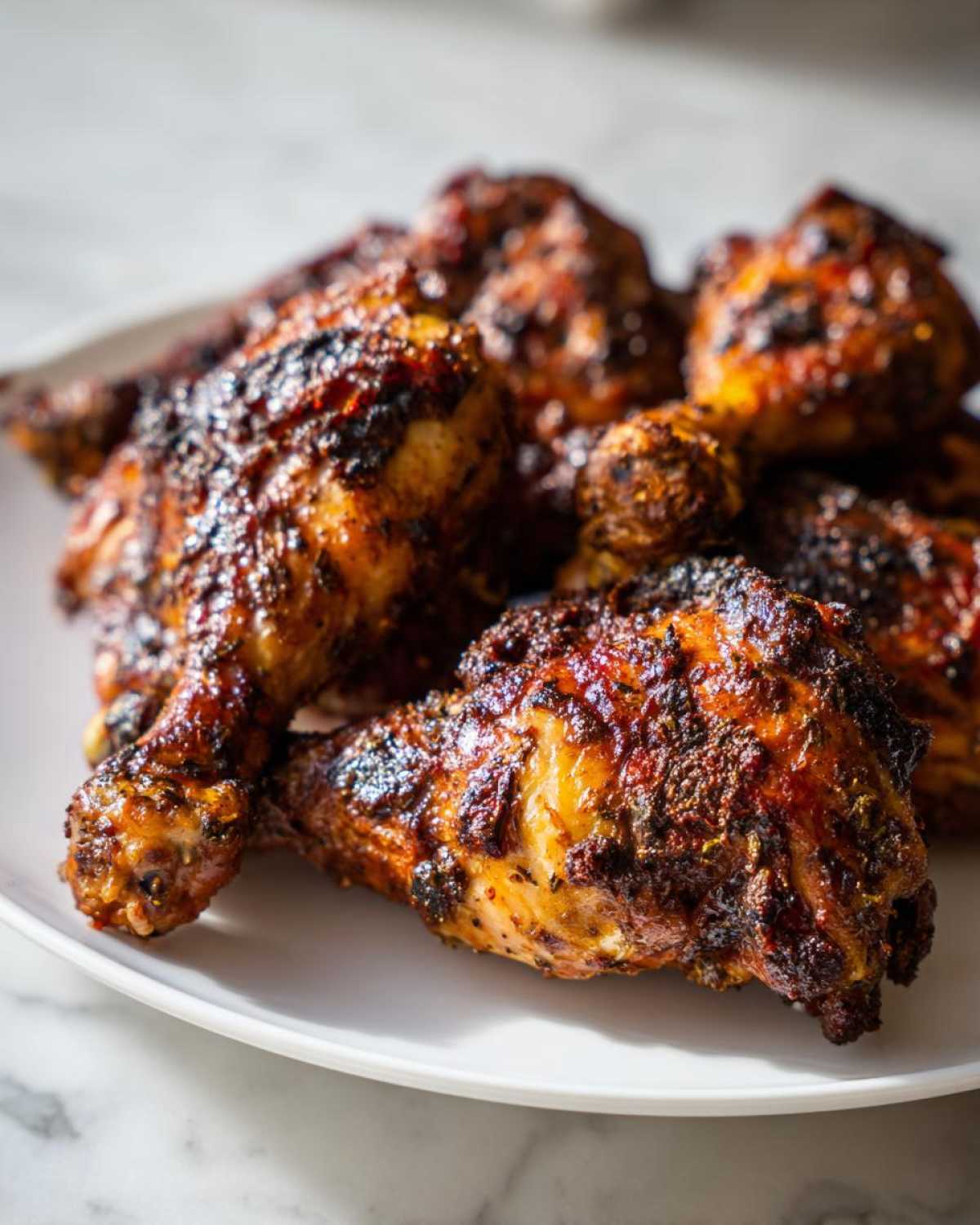 Close-up of several baked Jamaican jerk chicken drumsticks with a dark, spicy crust on a white plate.