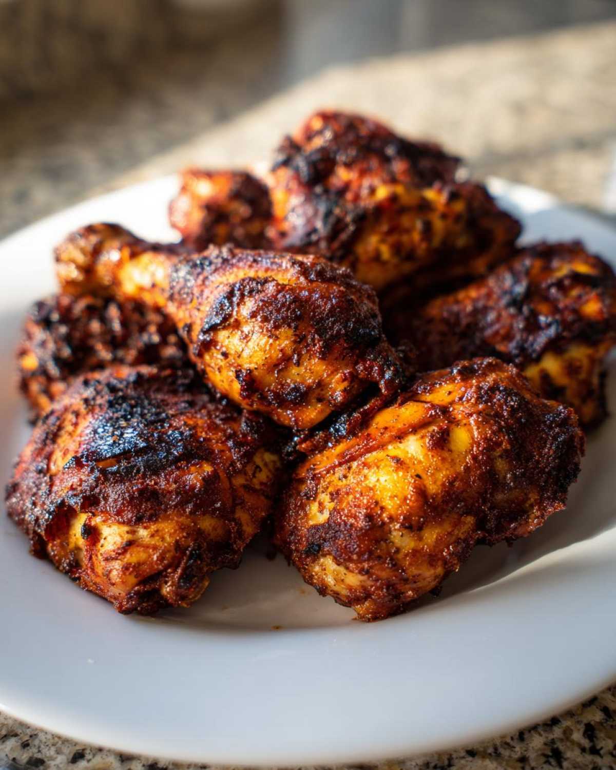 Close-up of several baked jamaican jerk chicken pieces with a rich, dark, spiced crust piled on a white plate.