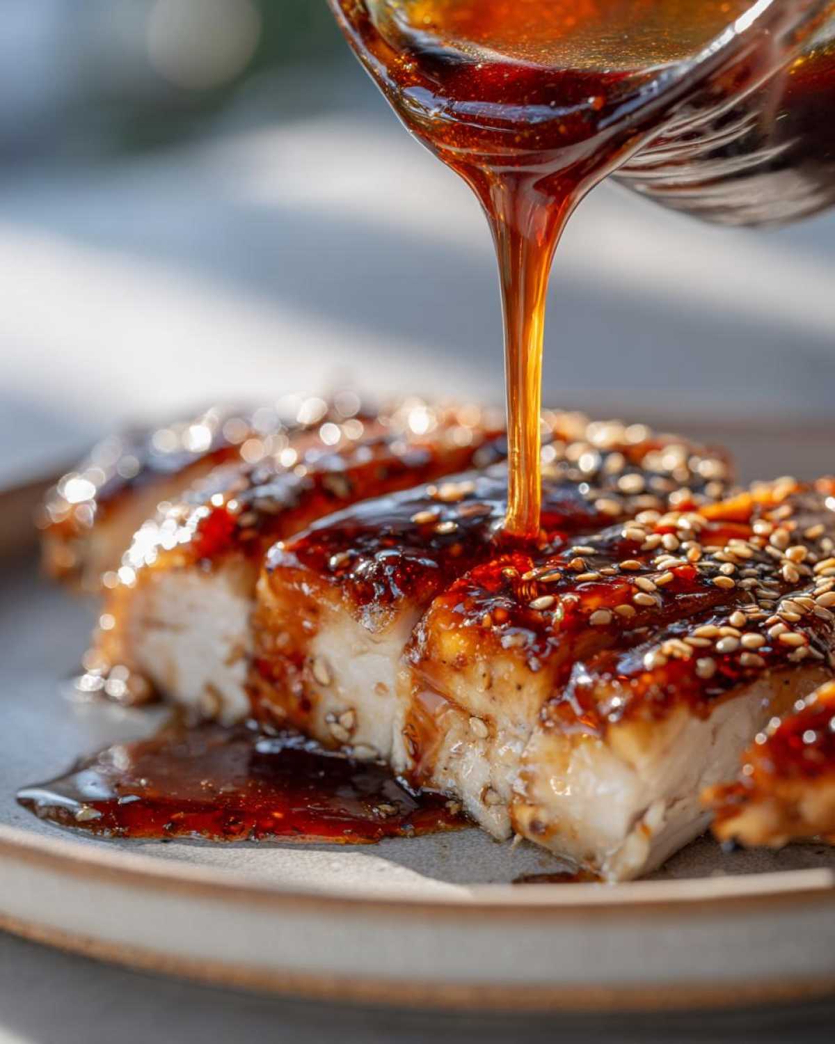 Thick, glossy teriyaki sauce being poured from a glass container onto sliced, sesame-topped chicken breast.