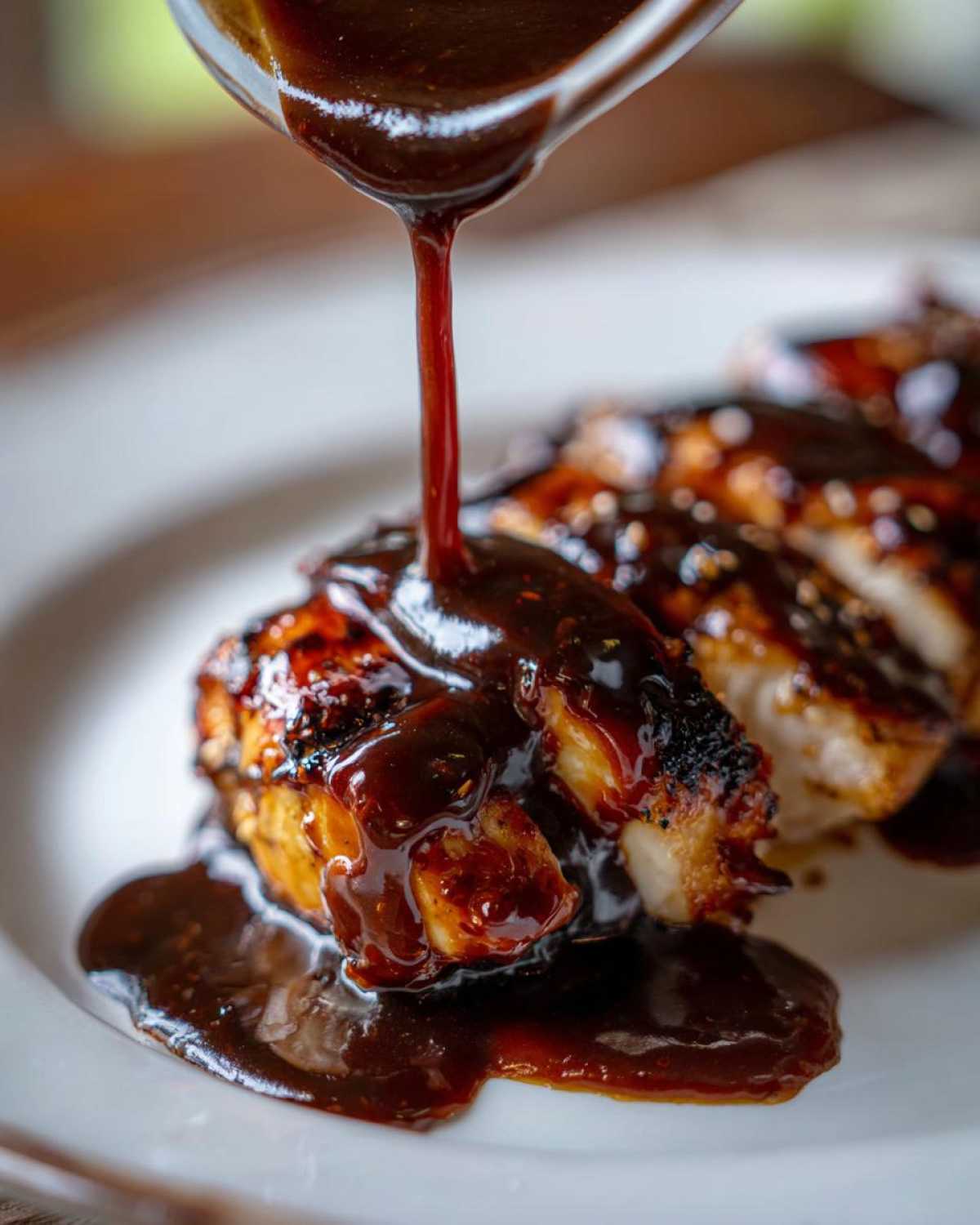 Thick, dark homemade teriyaki sauce being poured from a glass measuring cup over sliced, grilled chicken breast.