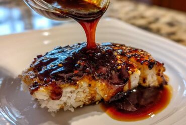 A close-up of thick, glossy homemade teriyaki sauce being poured from a glass measuring cup over sesame-crusted chicken served on white rice.