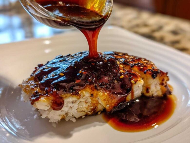 A close-up of thick, glossy homemade teriyaki sauce being poured from a glass measuring cup over sesame-crusted chicken served on white rice.