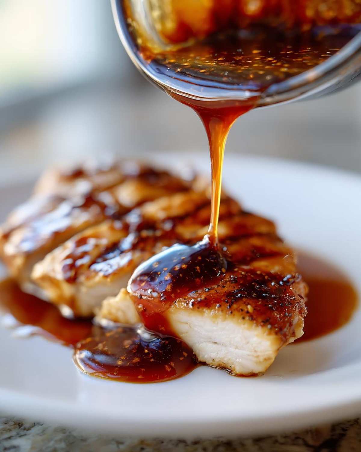 Thick, glossy homemade teriyaki sauce being poured from a jar onto sliced, grilled chicken breast.