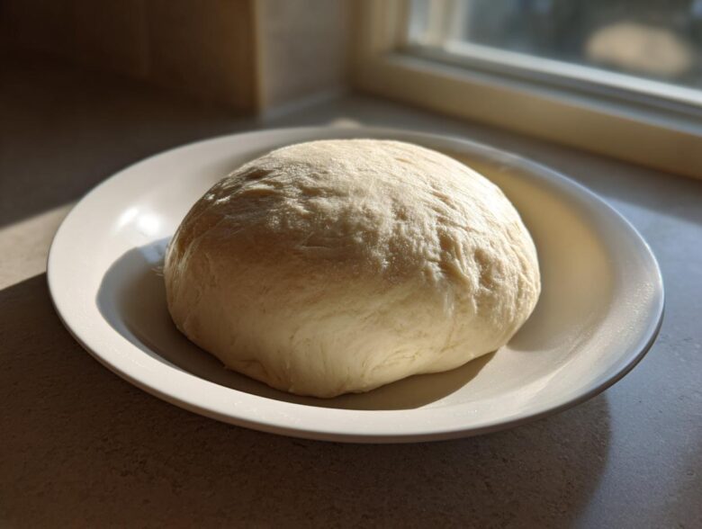 A smooth, pale ball of prepared fufu dough resting on a white plate, illuminated by sunlight near a window.