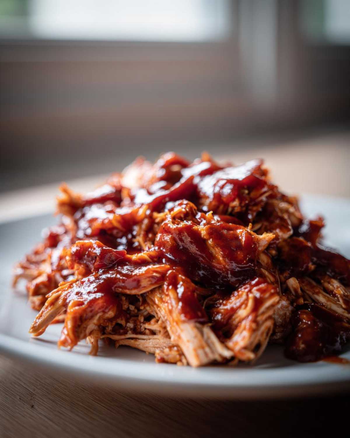 Close-up of shredded bbq chicken generously coated in thick, glossy barbecue sauce, served on a white plate.