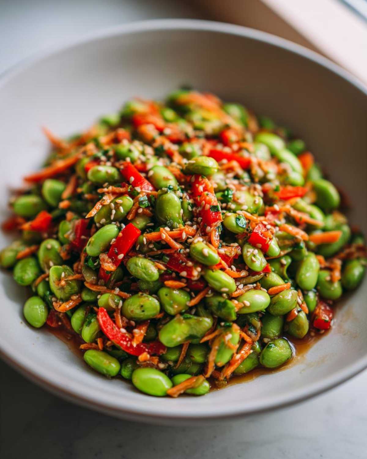 Close-up of a vibrant edamame salad mixed with shredded carrots, red pepper strips, and sesame seeds.