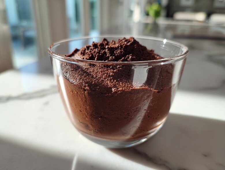 A close-up of rich, dark chocolate mousse topped with cocoa powder in a clear glass serving cup.