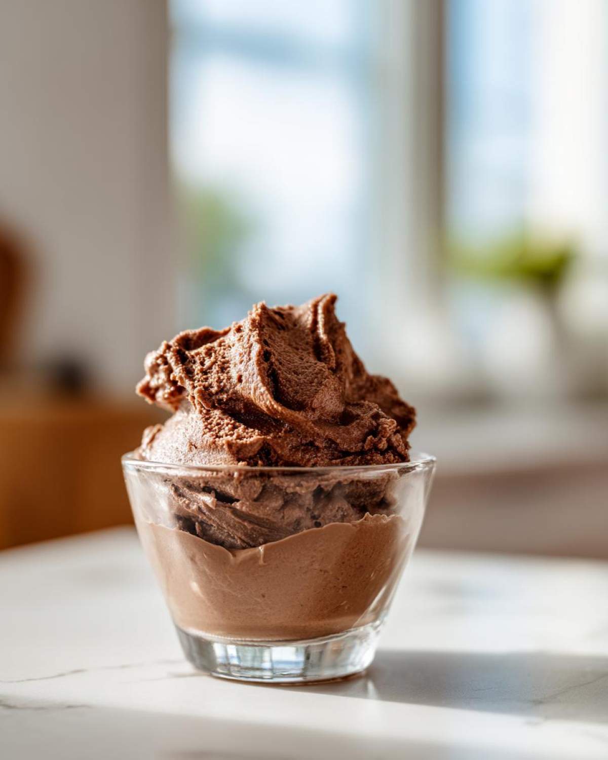 A serving of rich, airy chocolate mousse piled high in a small clear glass cup.