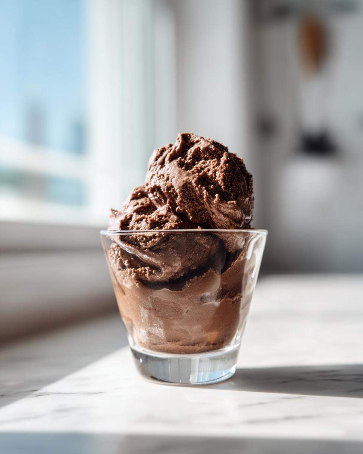 A scoop of rich, dark chocolate mousse served in a small clear glass on a marble surface.