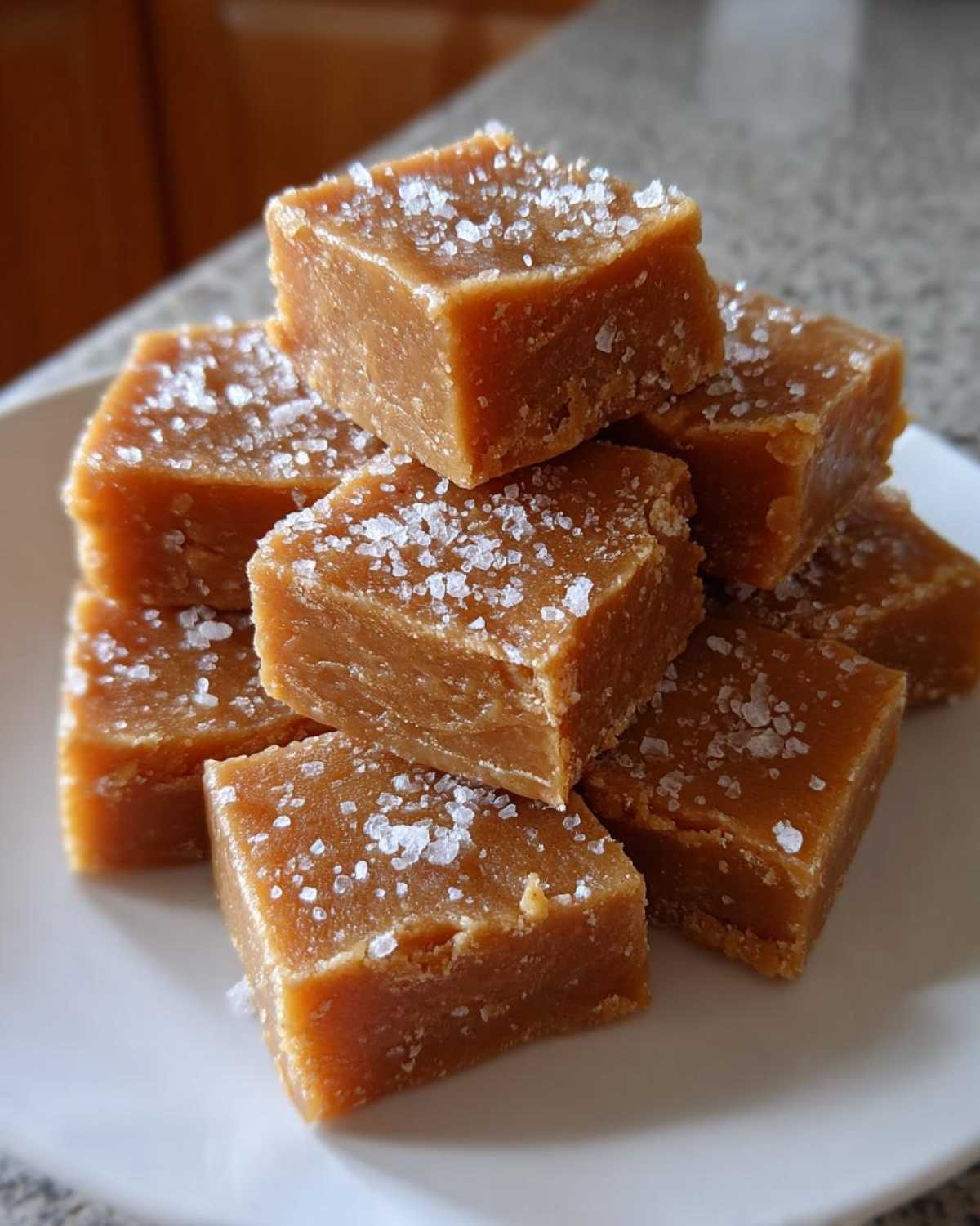 A stack of creamy, brown maple fudge squares sprinkled generously with flaky sea salt.