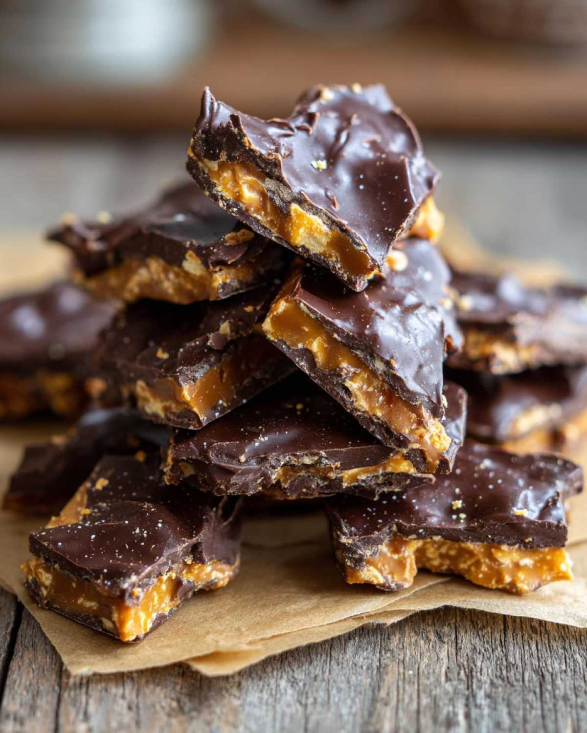 Close-up of broken pieces of saltine cracker toffee stacked on parchment paper, showing the thick chocolate layer over the toffee base.