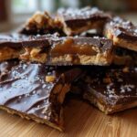 A close-up stack of homemade saltine cracker toffee pieces showing the layers of chocolate, caramel, and cracker base.
