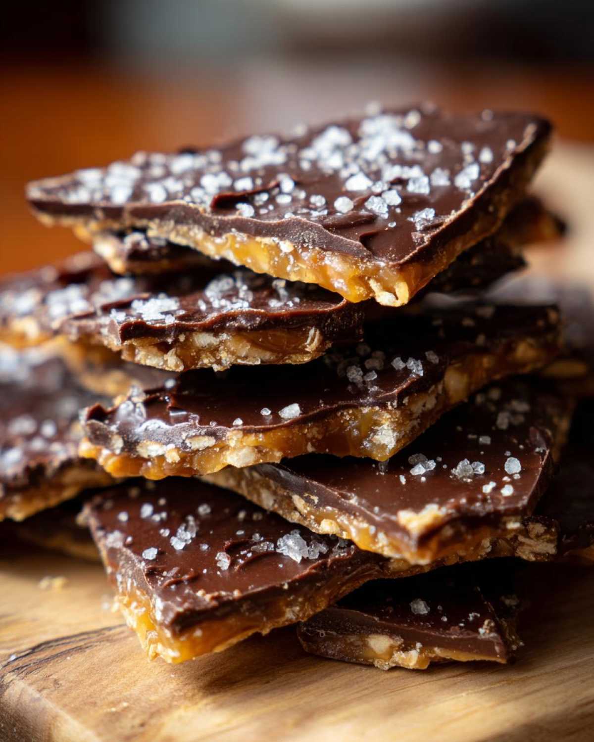 A stack of broken pieces of saltine cracker toffee topped with melted chocolate and flaky sea salt.