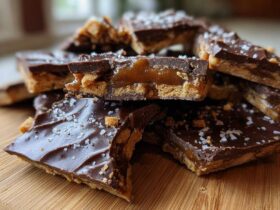 A close-up stack of homemade saltine cracker toffee pieces showing the layers of chocolate, caramel, and cracker base.