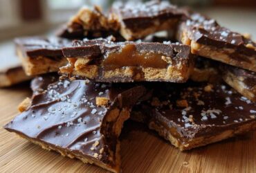 A close-up stack of homemade saltine cracker toffee pieces showing the layers of chocolate, caramel, and cracker base.