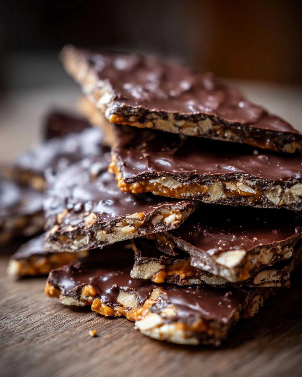 Close-up of broken pieces of saltine cracker toffee stacked on a wooden surface, showing the chocolate and toffee layers.