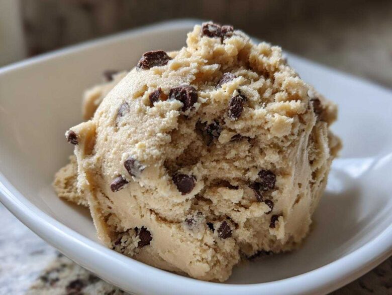 Close-up of a large scoop of creamy, light brown high protein cookie dough loaded with mini chocolate chips, served in a white bowl.