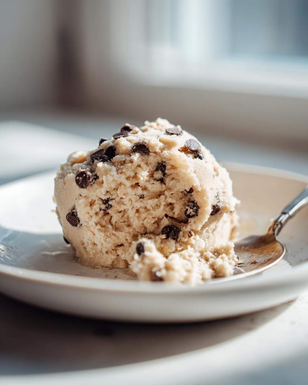 A scoop of creamy, light brown high protein cookie dough studded with mini chocolate chips, served on a white dish with a spoon.