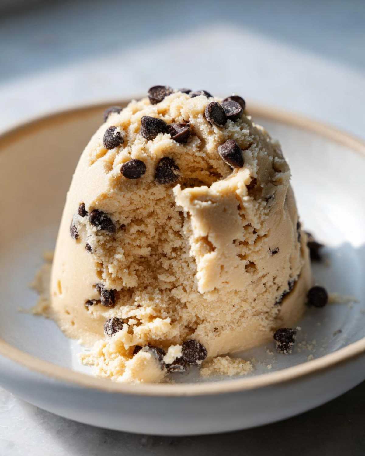 A scoop of creamy, light brown high protein cookie dough studded with mini chocolate chips, served in a small bowl.