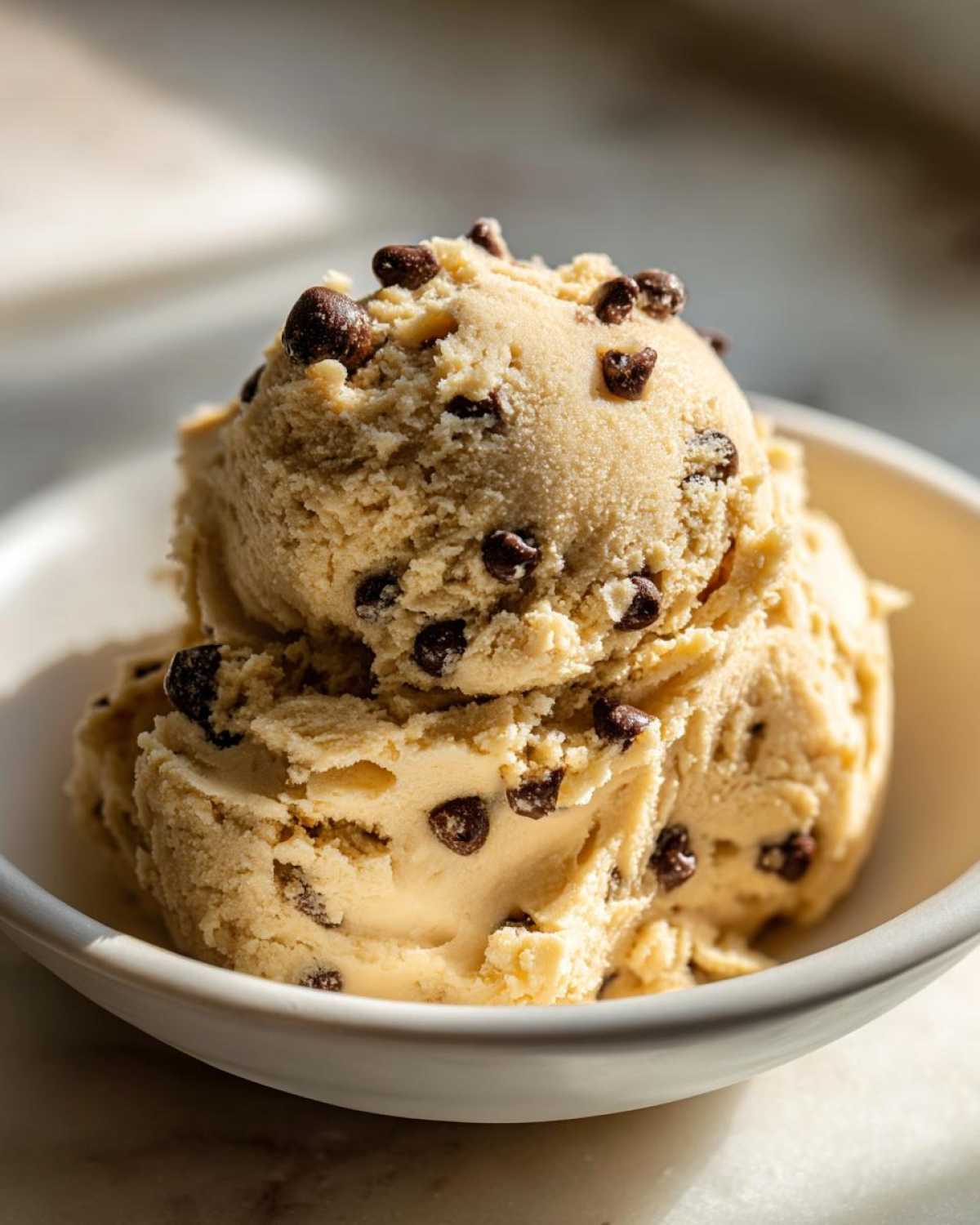 Three scoops of creamy, light brown high protein cookie dough studded with mini chocolate chips, served in a white bowl.