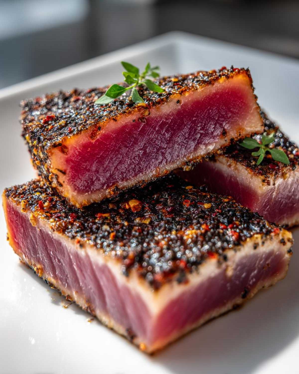 Close-up of two perfectly seared, rare Tuna Steaks coated in a dark spice rub, garnished with fresh herbs.