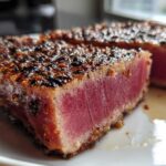 Close-up of two perfectly seared, rare Tuna Steaks with a dark pepper crust on a white plate.