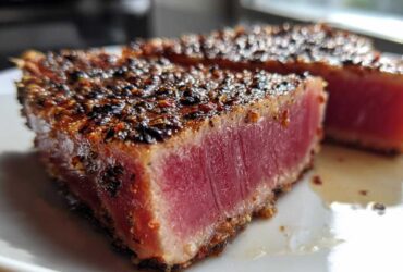 Close-up of two perfectly seared, rare Tuna Steaks with a dark pepper crust on a white plate.