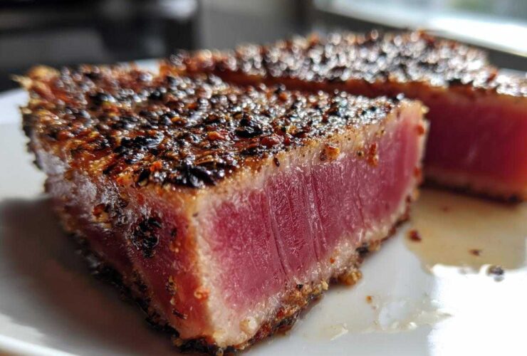 Close-up of two perfectly seared, rare Tuna Steaks with a dark pepper crust on a white plate.