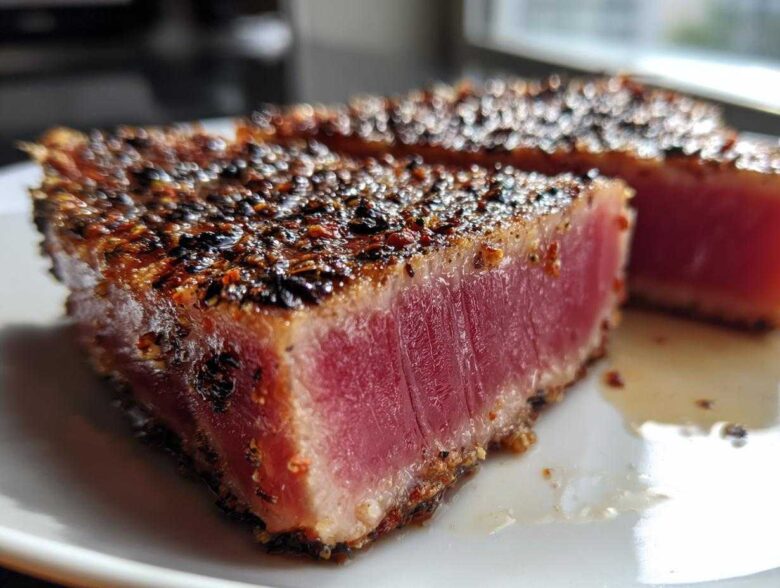 Close-up of two perfectly seared, rare Tuna Steaks with a dark pepper crust on a white plate.