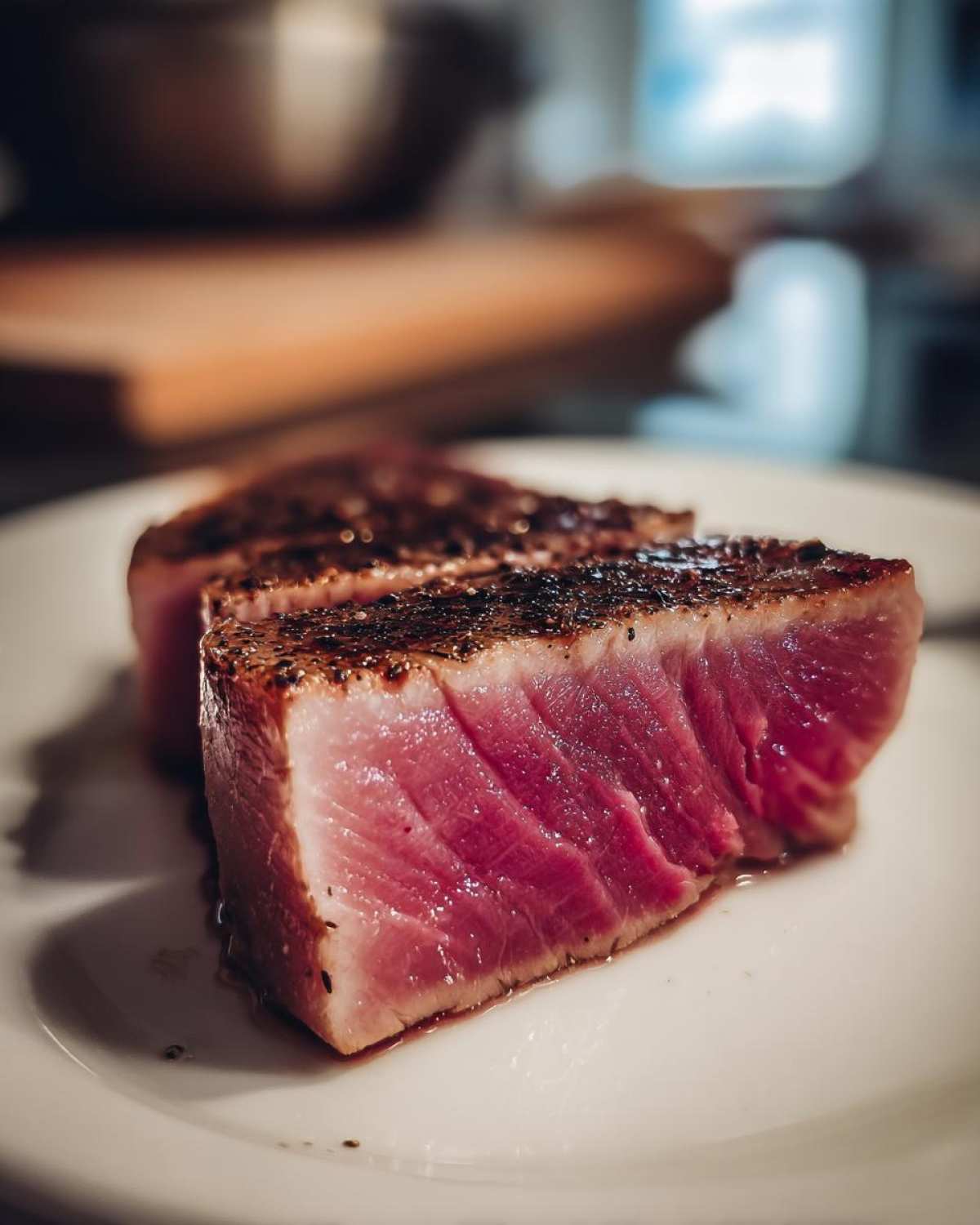 Close-up of two perfectly seared Tuna Steaks showing a deep pink, medium-rare interior and a dark, seasoned crust.