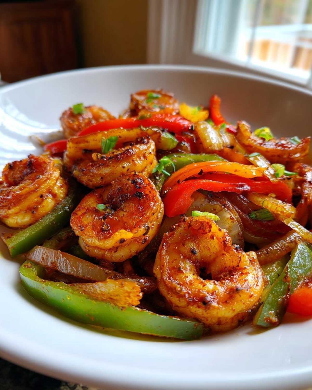Close-up of perfectly seasoned shrimp fajitas with colorful bell peppers and onions served in a white bowl.