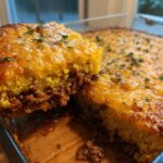 A slice being lifted from a baked tamale pie, showing layers of seasoned ground beef and a thick, cheesy cornbread topping.