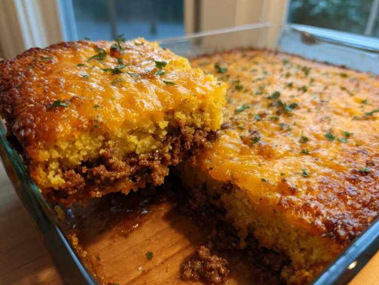 A slice being lifted from a baked tamale pie, showing layers of seasoned ground beef and a thick, cheesy cornbread topping.