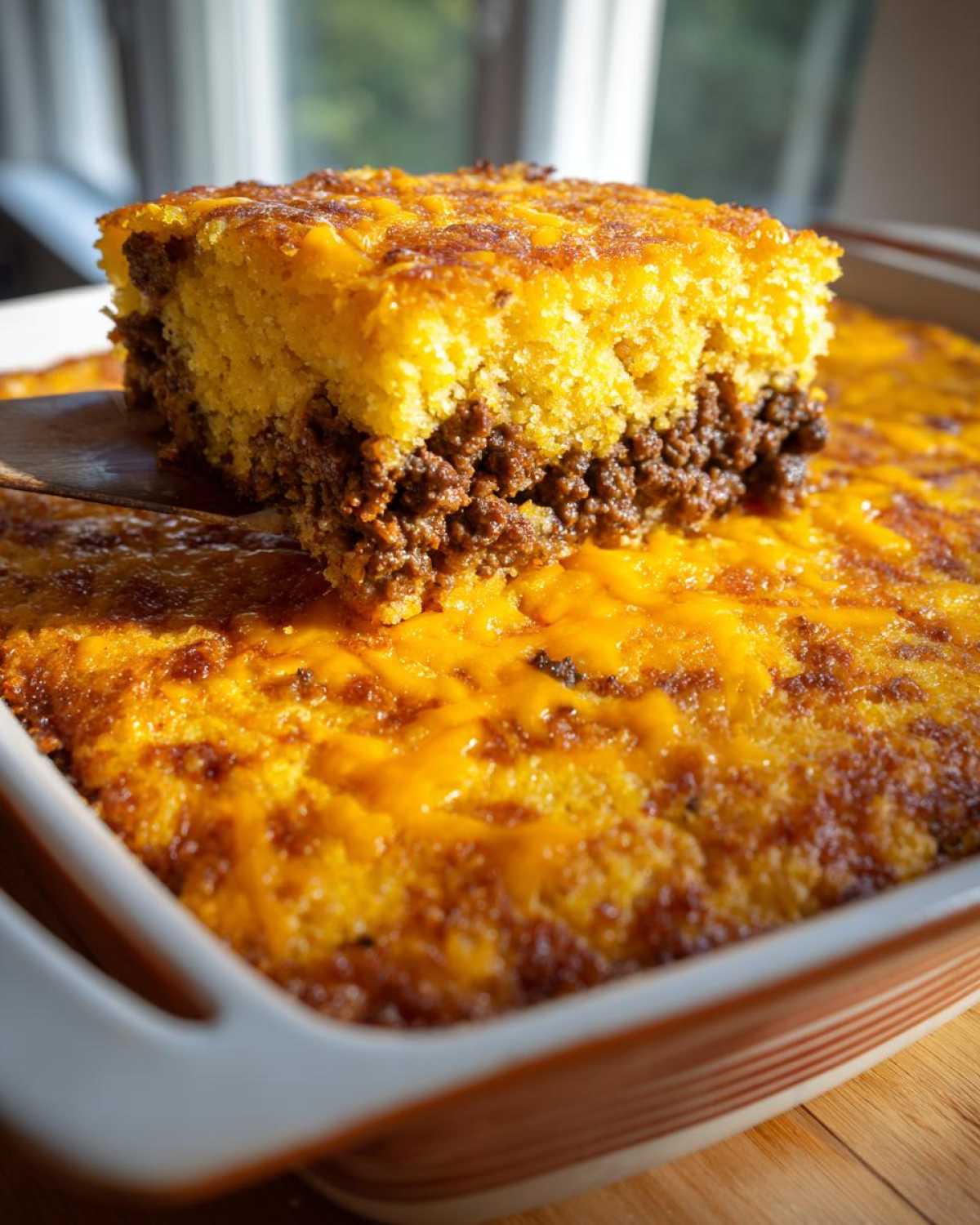 A square slice of tamale pie being lifted from a baking dish, showing the cornbread top and seasoned meat layer.