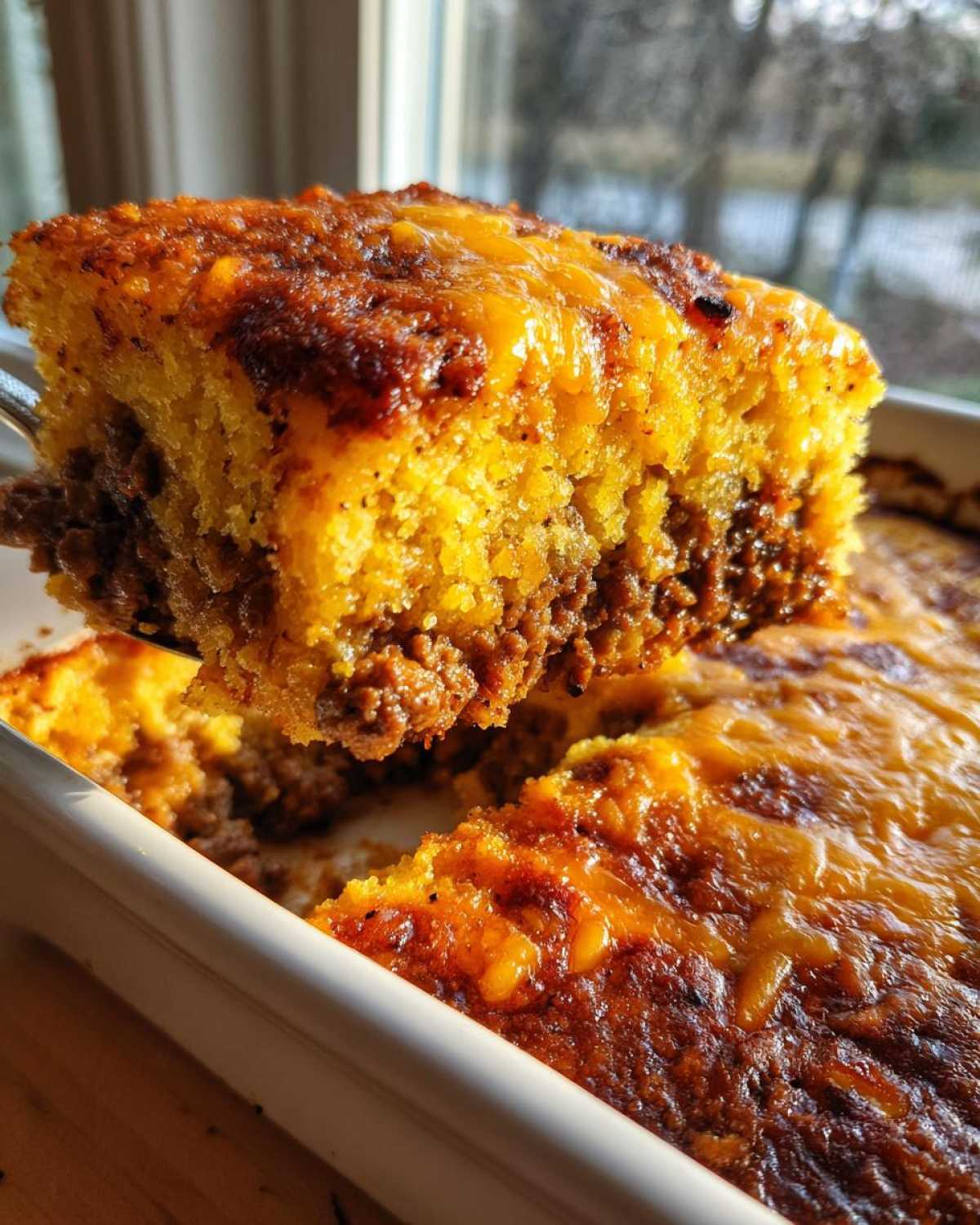 A spatula lifts a golden, cheesy slice of tamale pie, showing the cornbread top and savory meat filling.