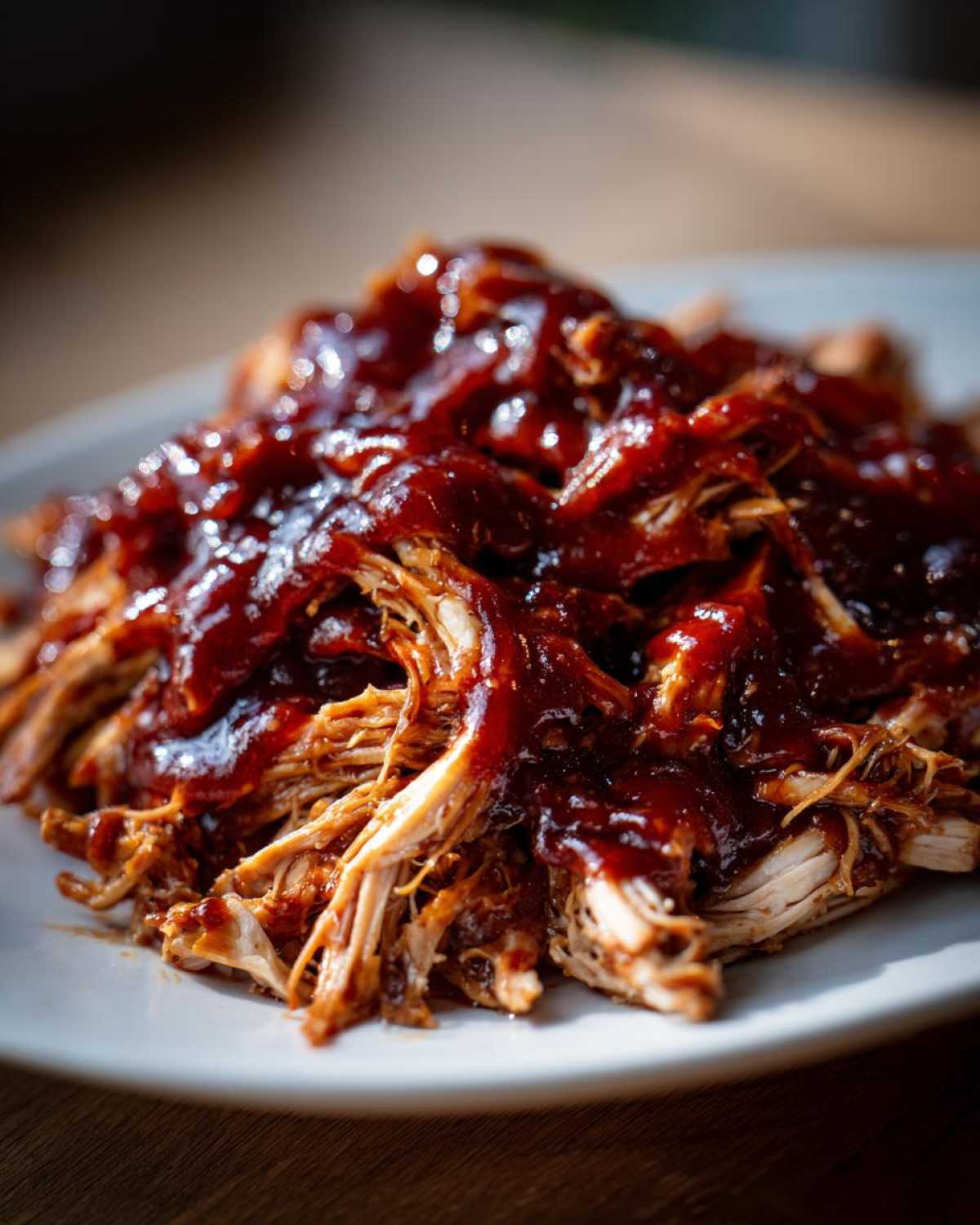Close-up of tender shredded bbq chicken generously coated in glossy, dark barbecue sauce on a white plate.