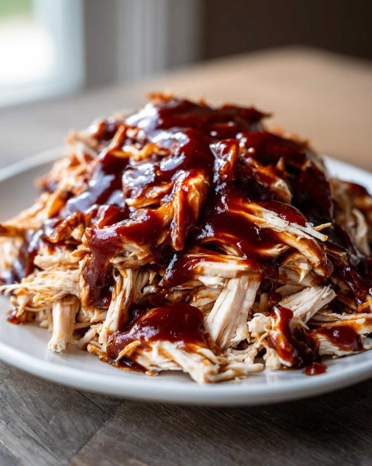 Close-up of shredded bbq chicken piled high on a white plate and generously drizzled with dark, rich barbecue sauce.