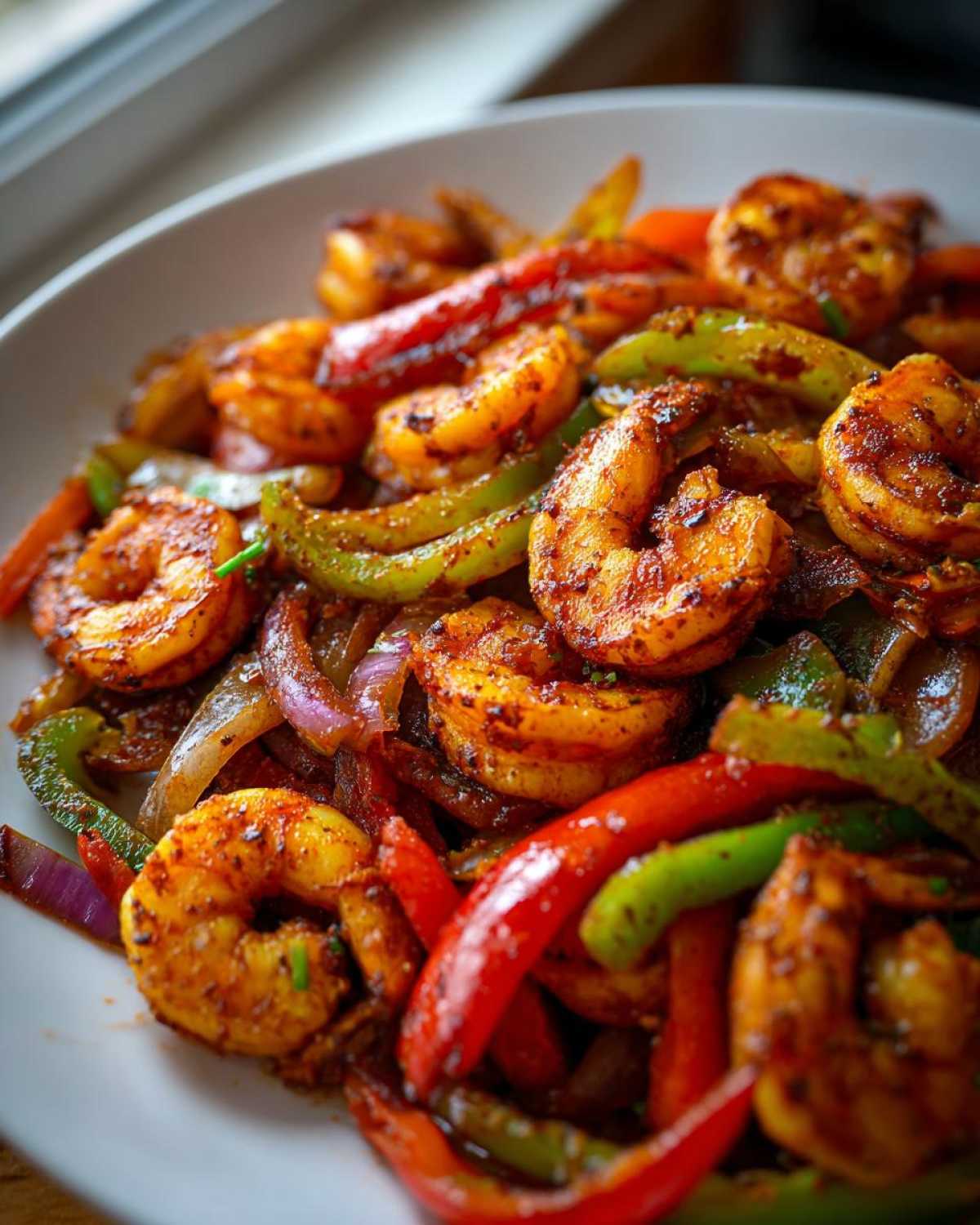 Close-up of perfectly cooked, seasoned shrimp fajitas mixed with sliced red and green bell peppers and onions.