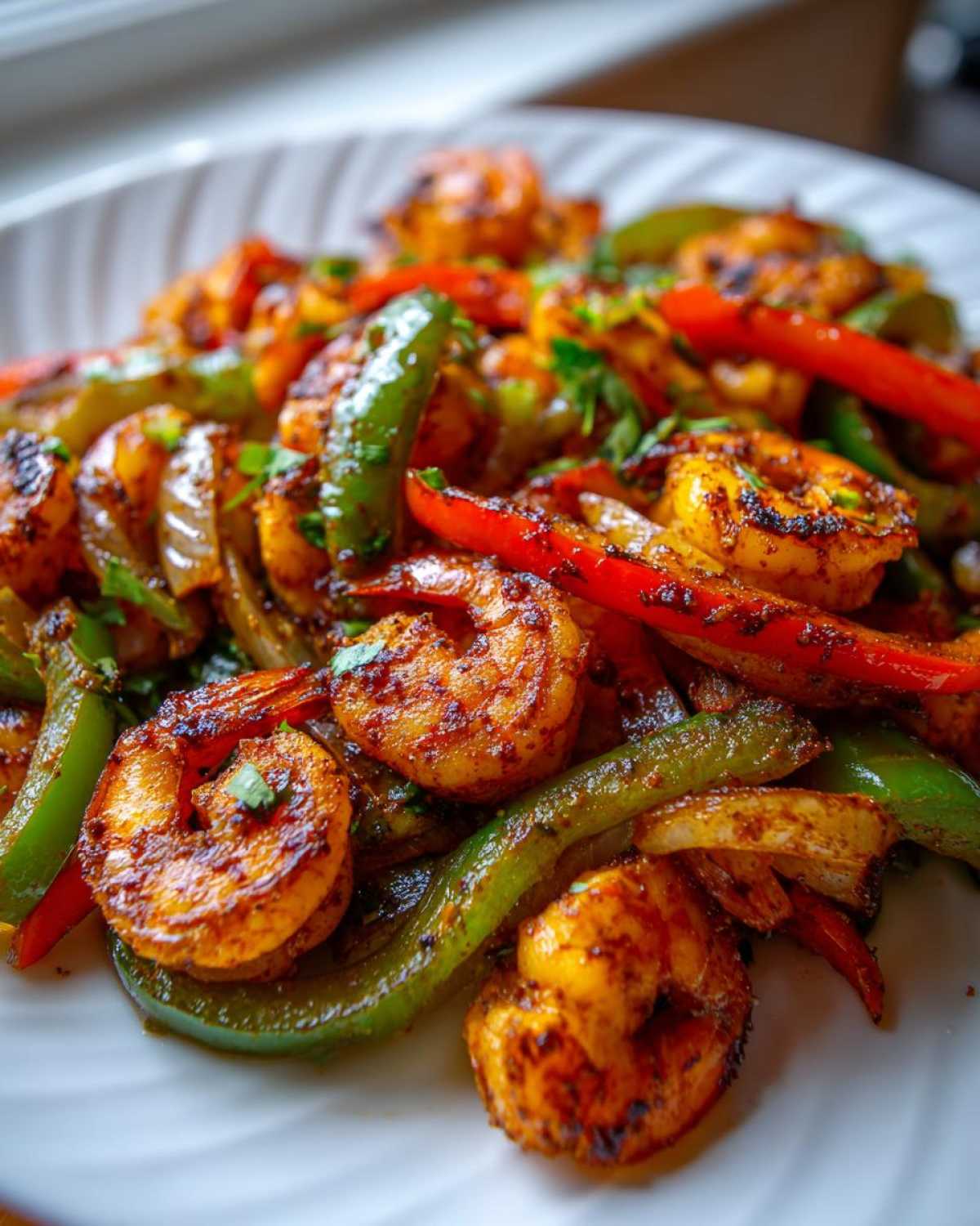 Close-up of perfectly seasoned and cooked shrimp fajitas mixed with vibrant red and green bell peppers and onions.