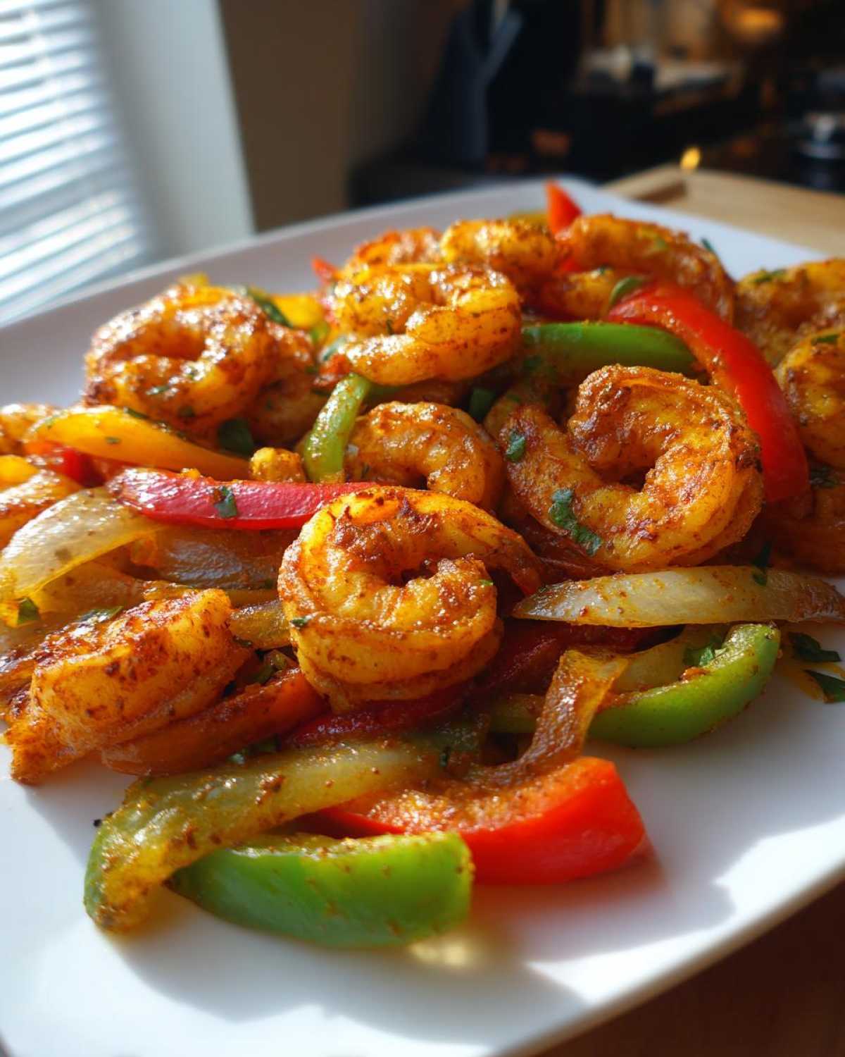 Close-up of seasoned shrimp fajitas mixed with colorful sautéed red, green, and yellow bell peppers and onions.