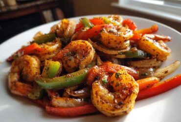 Close-up of seasoned shrimp fajitas featuring sautéed shrimp, red and green bell peppers, and onions on a white plate.