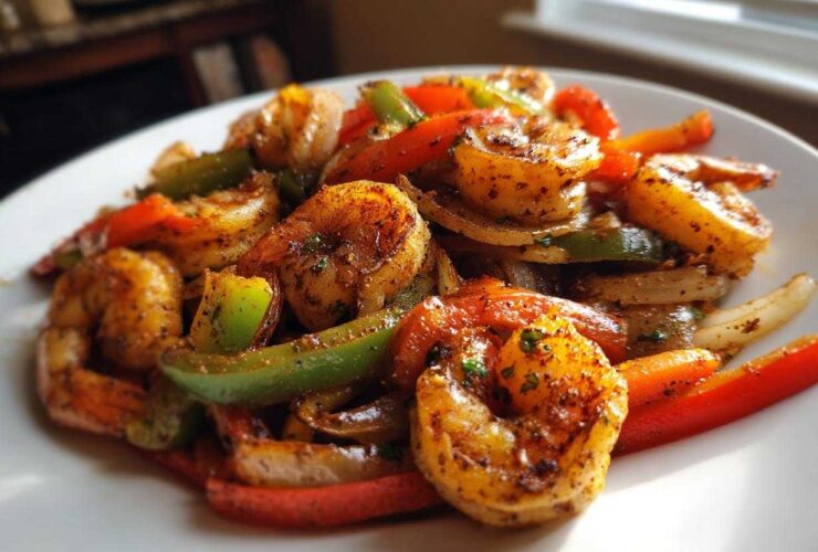 Close-up of seasoned shrimp fajitas featuring sautéed shrimp, red and green bell peppers, and onions on a white plate.