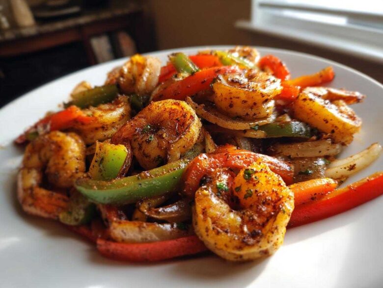 Close-up of seasoned shrimp fajitas featuring sautéed shrimp, red and green bell peppers, and onions on a white plate.