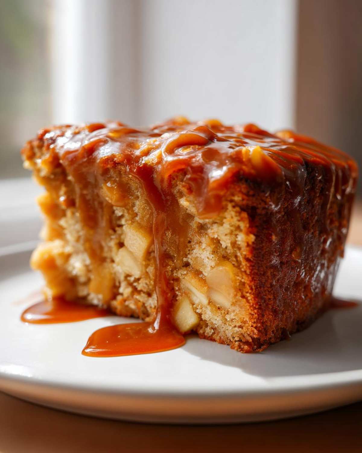 A moist slice of apple dapple cake topped generously with thick caramel sauce dripping down the sides.