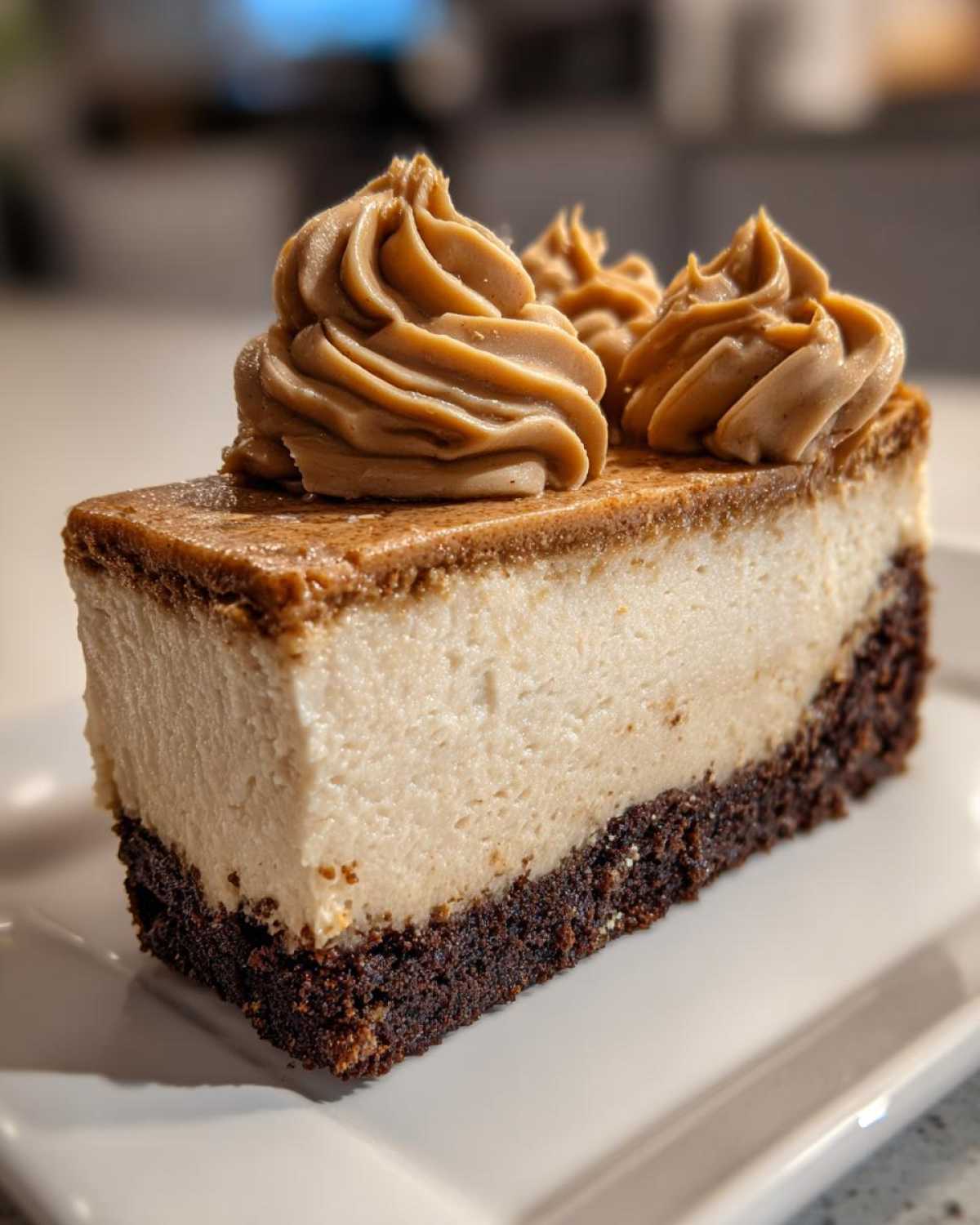 A decadent slice of biscoff cheesecake featuring a dark crust, creamy filling, and piped biscoff frosting dollops.