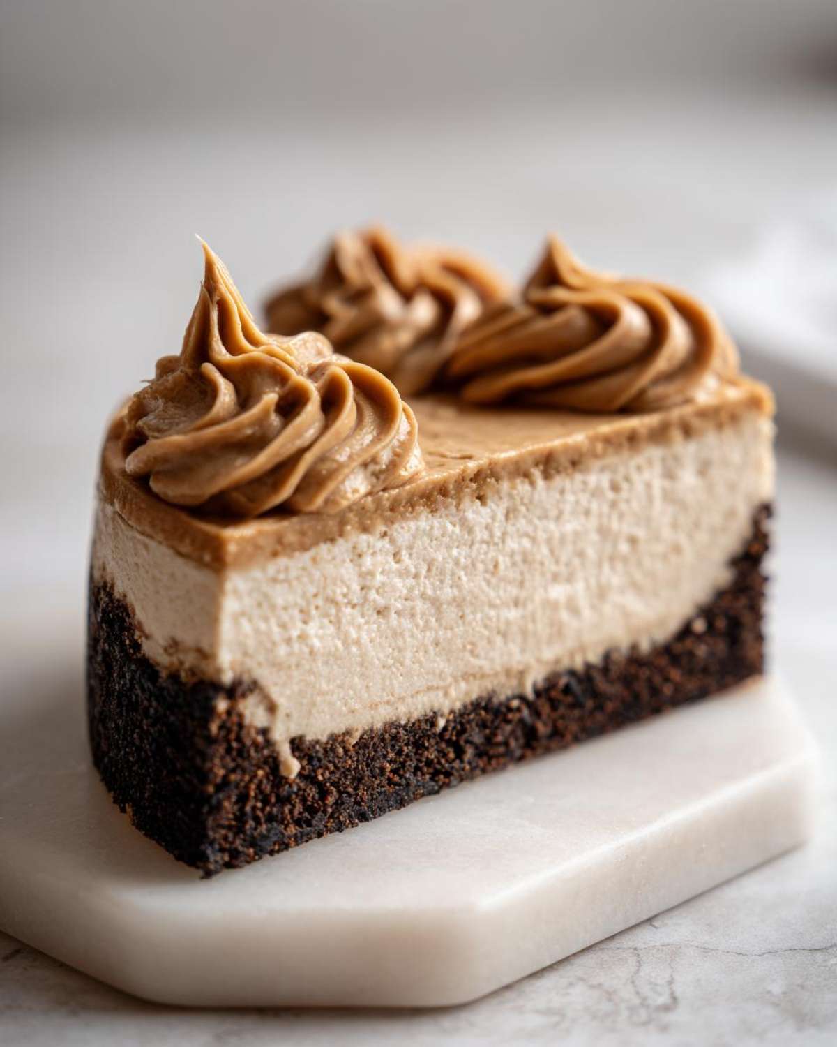 A perfect slice of no-bake biscoff cheesecake featuring a dark crust, creamy filling, and piped caramel-colored topping.