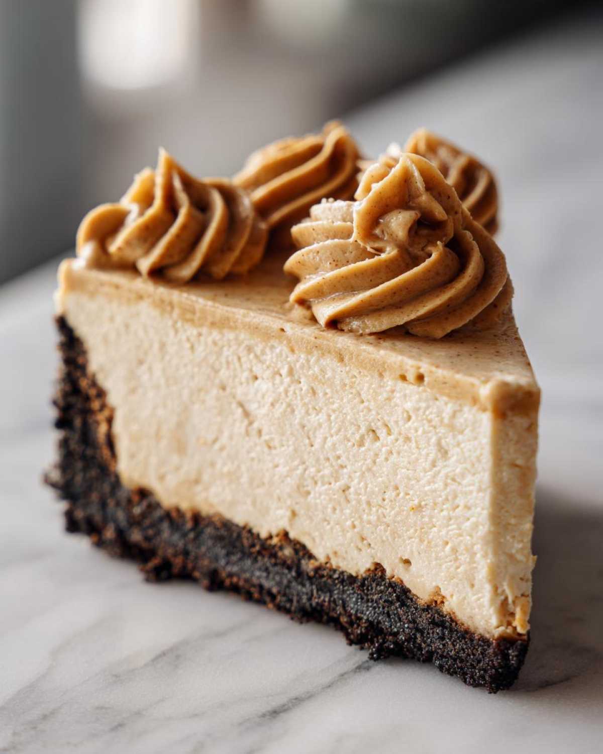 A perfect slice of creamy biscoff cheesecake with a dark crust and piped caramel-colored swirls on top.