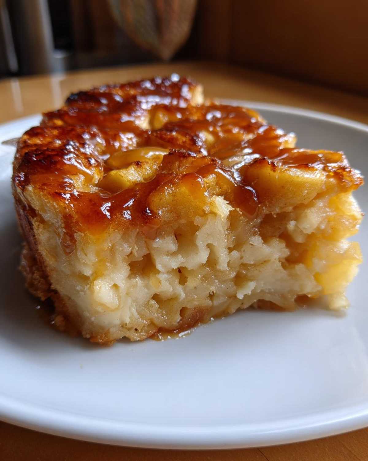 Close-up of a moist slice of caramel apple dump cake with a glossy caramel topping.