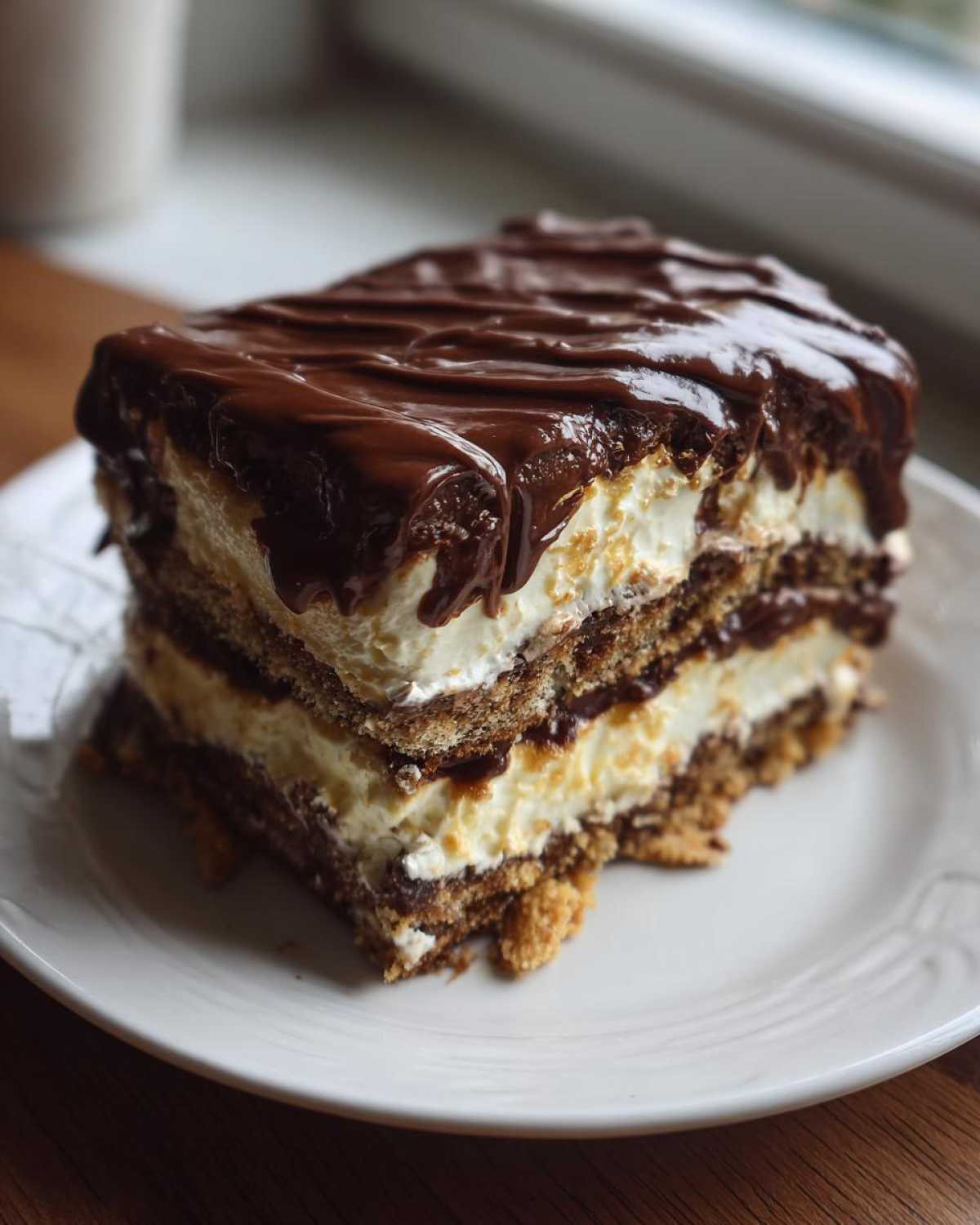 A decadent slice of chocolate eclair cake showing layers of cream filling, graham crackers, and thick chocolate glaze.